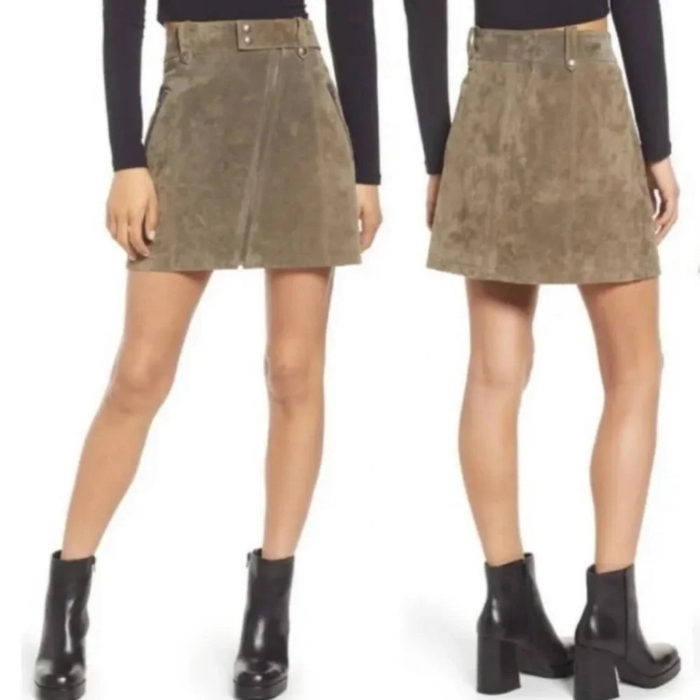 Blank NYC Run For It Taupe Suede Leather Mini Skirt Sz 26 Diagonal Zip Button